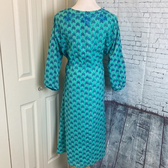 Roller Rabbit Cotton Dress L Block Print Turquoise Blue Tassel Tie Boho Beach - Picture 12 of 16